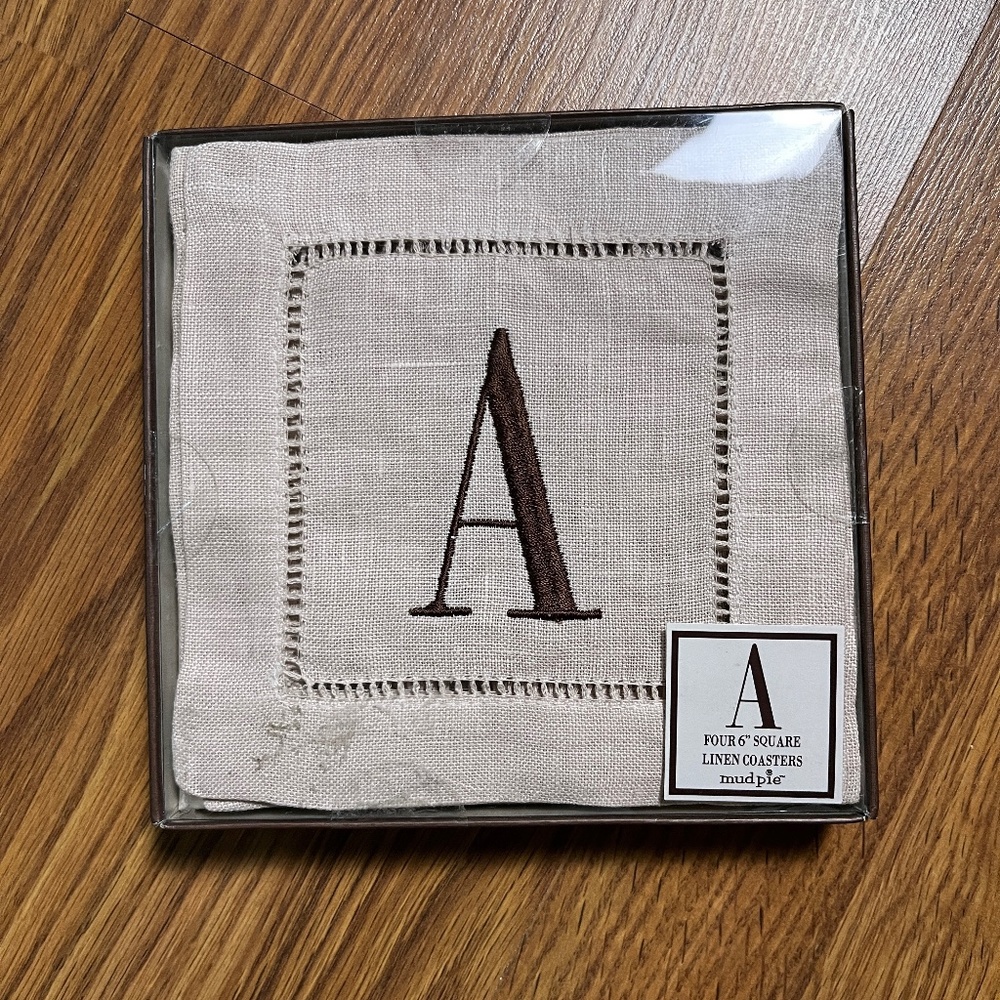 NIB Monogrammed Linen Square Cocktail Napkins Initial 'A' Brown Tan Set of Four